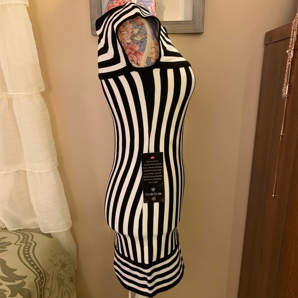 BEBE NWT Black & white striped stretchy mini dress - Picture 2 of 7